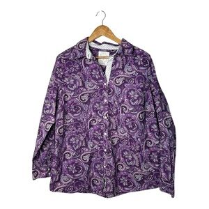 IZOD Women’s 1X Purple Paisley Button-Down Shirt | Vibrant color pattern